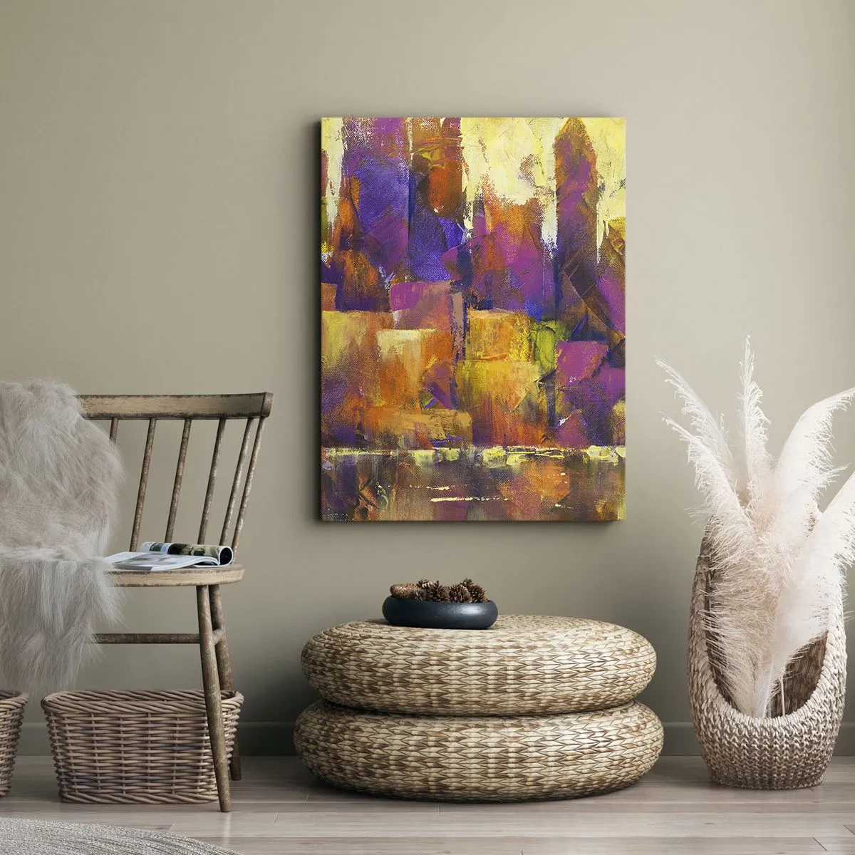 Bild auf Leinwand - Leinwandbild - Abstrakte Komposition einer Metropole in Gelb- und Lilatönen - 70x100cm - Metropolitische Komposition - Moderne Wanddekoration für Wohnzimmer und Schlafzimmer ARTTOR