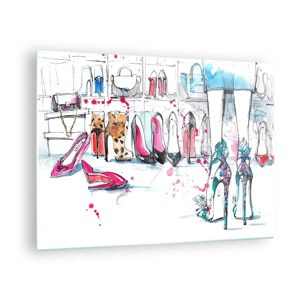 Glasbild - Bild auf glas - Illustration von eleganten High Heels in einem Geschäft - 70x50cm - Sesam, mach auf - Moderne Wanddekoration für Wohnzimmer und Schlafzimmer ARTTOR