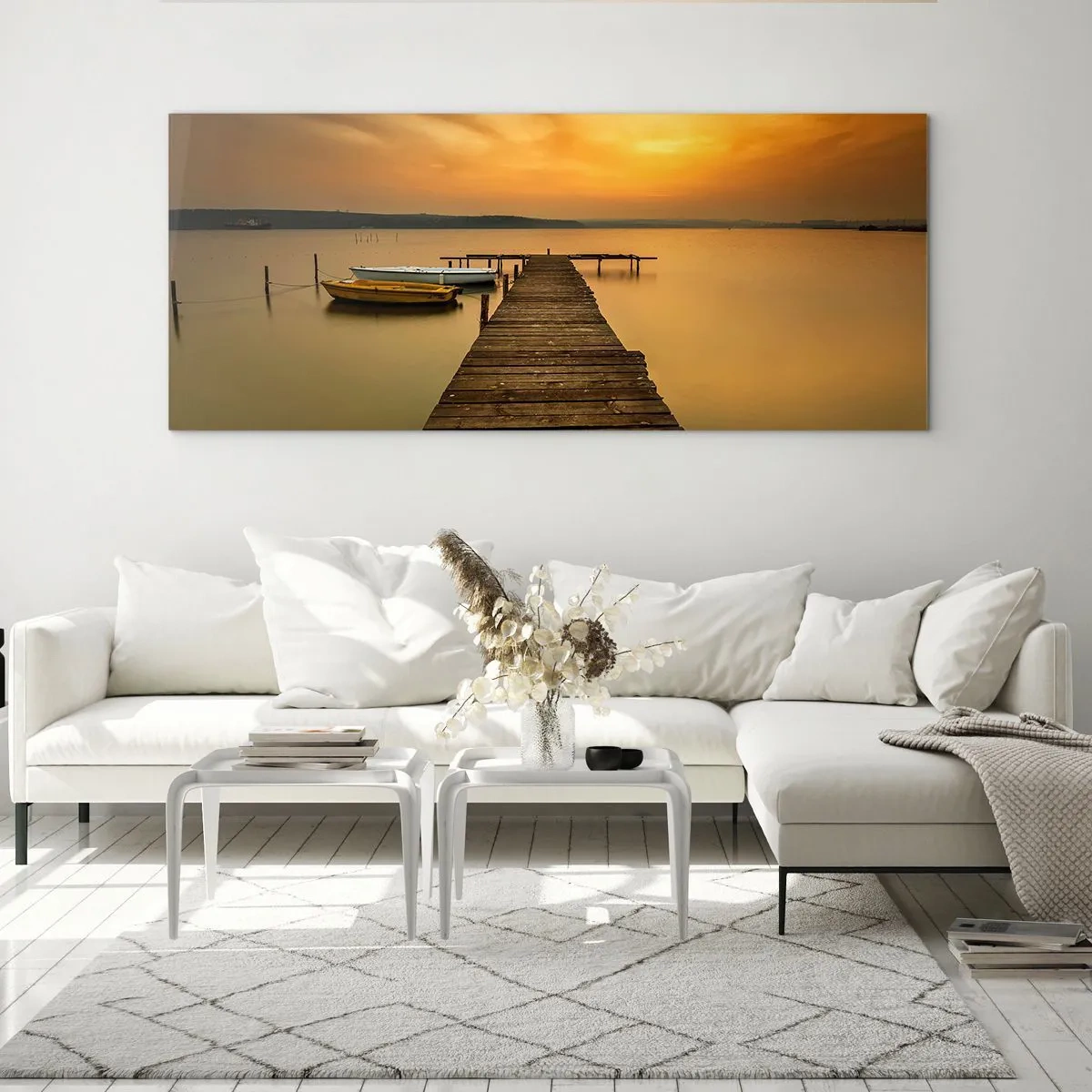 Glasbild - Bild auf glas - Holzsteg und Boote auf dem See bei Sonnenuntergang - 140x50cm - Ich werde dir den goldenen Himmel öffnen - Moderne Wanddekoration für Wohnzimmer und Schlafzimmer ARTTOR