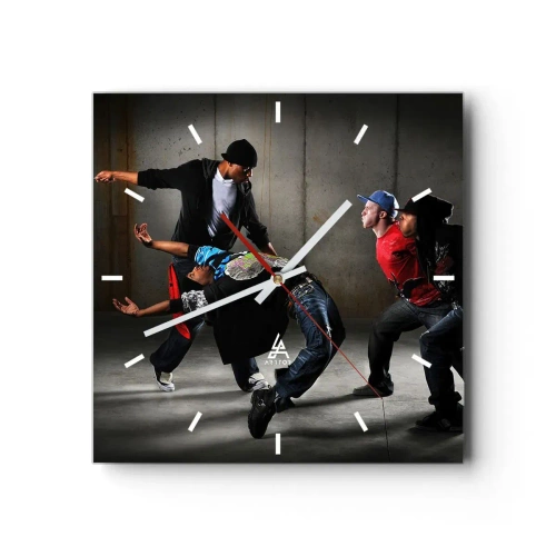 Wanduhr - Glasuhr - Eine Gruppe von Hip-Hop-Tänzern in einer dynamischen Choreographie - 30x30cm - Tanzen mit dem Straßenwind - Moderne Wanddekoration für Wohnzimmer und Schlafzimmer ARTTOR