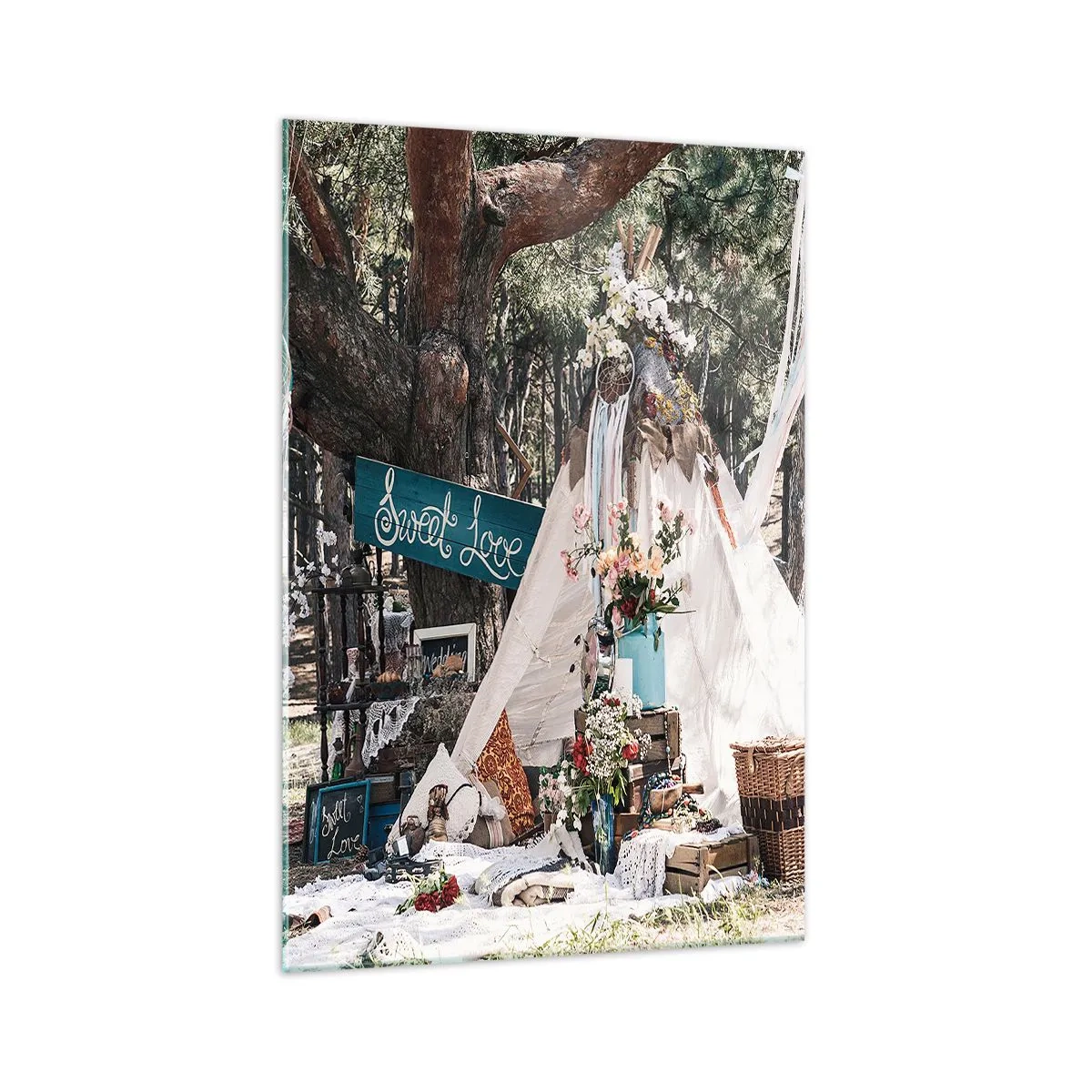 Glasbild - Bild auf glas - Boho-Dekoration mit einem Tipi im Wald - 70x100cm - Liebe machen ... - Moderne Wanddekoration für Wohnzimmer und Schlafzimmer ARTTOR