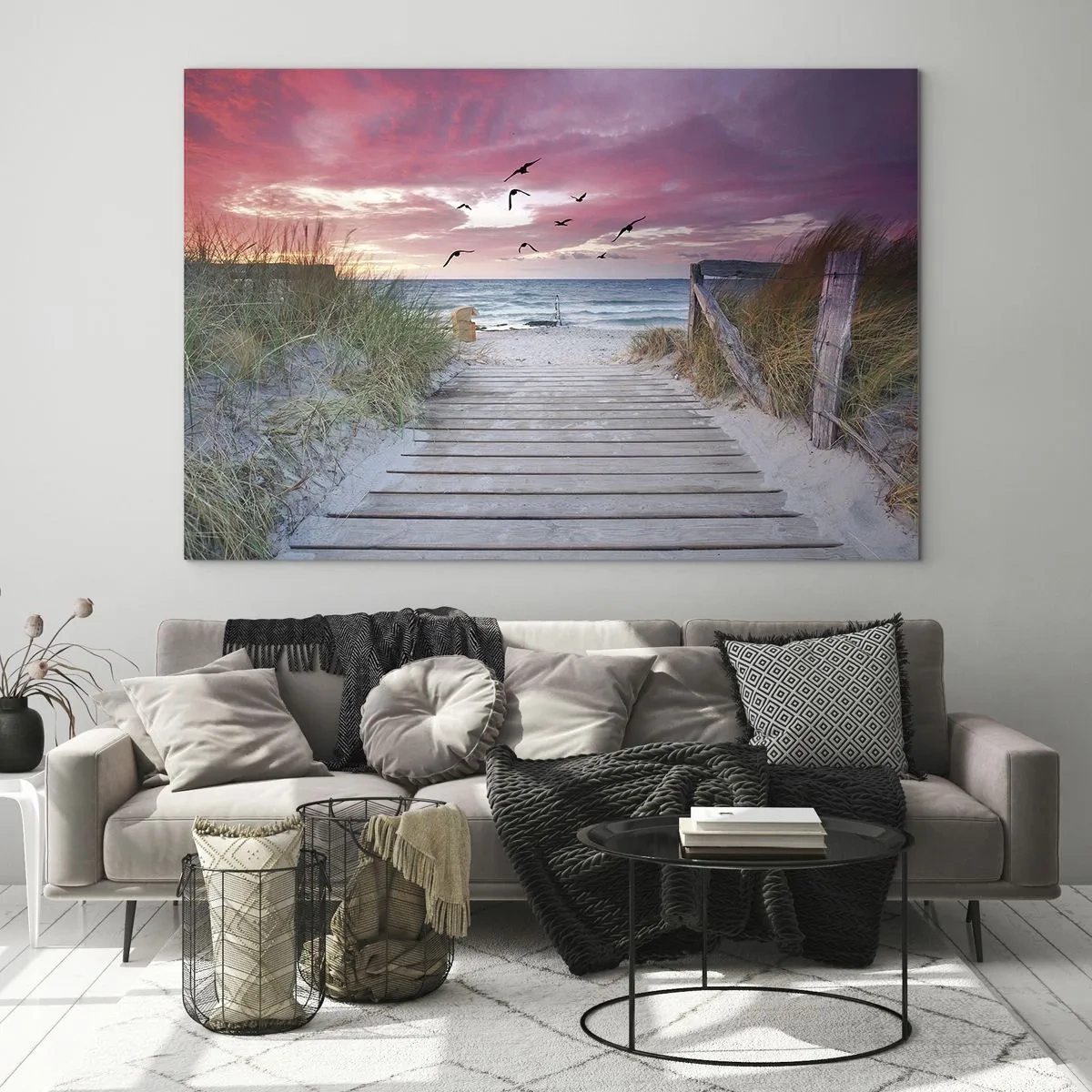 Glasbild - Bild auf glas - Weg zum Strand bei Sonnenuntergang mit fliegenden Vögeln - 70x50cm - Baltischer Eindruck - Moderne Wanddekoration für Wohnzimmer und Schlafzimmer ARTTOR