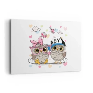Bild auf Leinwand - Leinwandbild - Zwei entzückende Eulen, umgeben von Herzen - 120x80cm - Lass uns Liebe machen! - Moderne Wanddekoration für Wohnzimmer und Schlafzimmer ARTTOR