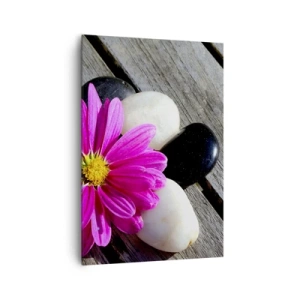 Bild auf Leinwand - Leinwandbild - Rosa Blume auf einem Hintergrund aus Holzbrettern mit Steinen - 70x100cm - Ruhe auf dem Pier - Moderne Wanddekoration für Wohnzimmer und Schlafzimmer ARTTOR