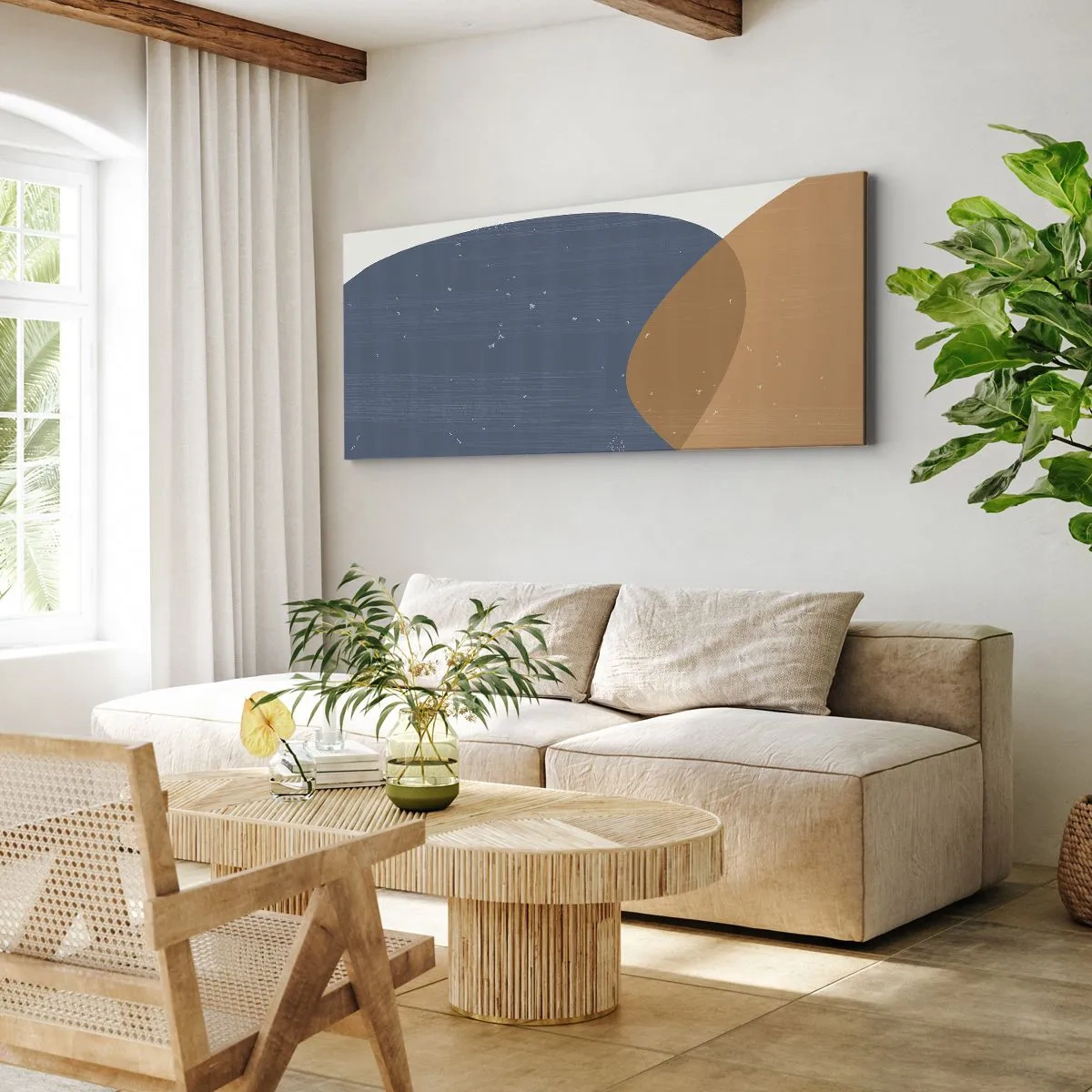 Bild auf Leinwand - Leinwandbild - Eine minimalistische geometrische Komposition in Blau- und Orangetönen. - 160x50cm - Ovale und Einflüsse - Moderne Wanddekoration für Wohnzimmer und Schlafzimmer ARTTOR