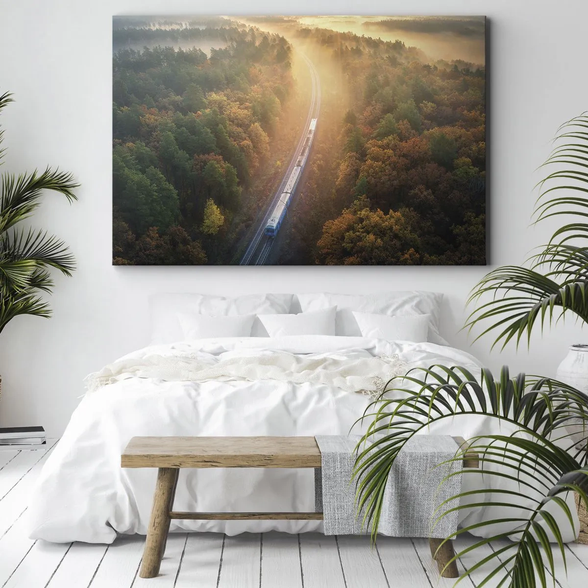 Bild auf Leinwand - Leinwandbild - Ein Zug in einem herbstlichen Wald im Morgengrauen - 120x80cm - Herbstreise - Moderne Wanddekoration für Wohnzimmer und Schlafzimmer ARTTOR