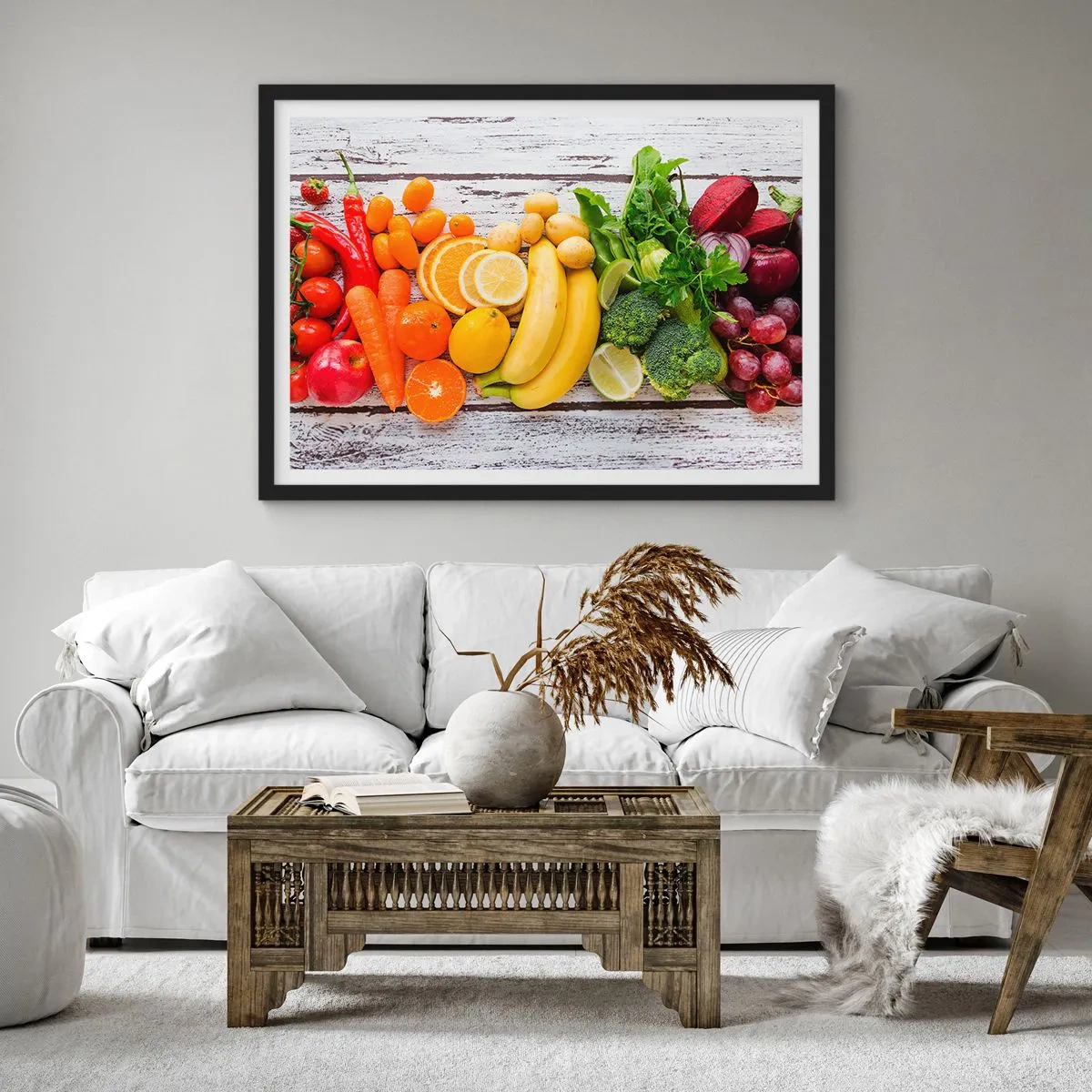 Poster in einem schwarzem Rahmen - Buntes Obst und Gemüse auf einem hölzernen Hintergrund - 70x50cm - Es ist nicht genug? - Moderne Wanddekoration für Wohnzimmer und Schlafzimmer ARTTOR