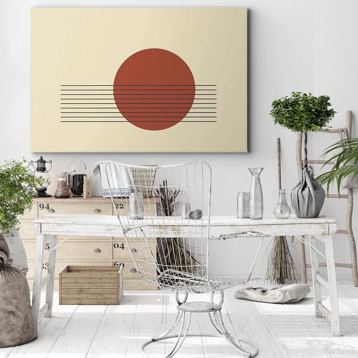 Bild auf Leinwand - Leinwandbild - Abstrakter roter Kreis mit Linien auf beigem Hintergrund. - 100x70cm - Immer wieder und weiter - Moderne Wanddekoration für Wohnzimmer und Schlafzimmer ARTTOR