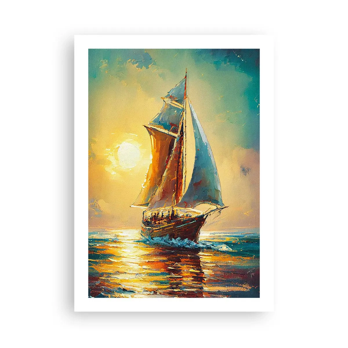 Poster - Ein Segelschiff vor der Kulisse eines goldenen Sonnenuntergangs - 50x70cm - Unter vollem Segel - Moderne Wanddekoration für Wohnzimmer und Schlafzimmer ARTTOR
