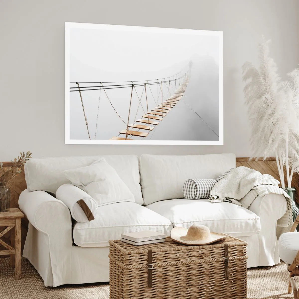 Poster - Eine Hängebrücke im Nebel aus minimalistischer Perspektive - 100x70cm - Wohin wird es dich führen? - Moderne Wanddekoration für Wohnzimmer und Schlafzimmer ARTTOR