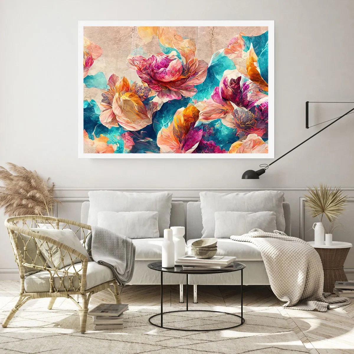 Poster - Bunte Blumen auf beigem Hintergrund - 100x70cm - Farbenpracht des Straußes - Moderne Wanddekoration für Wohnzimmer und Schlafzimmer ARTTOR