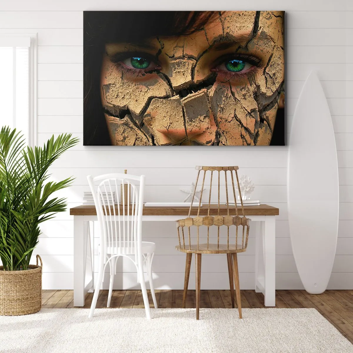 Bild auf Leinwand - Leinwandbild - Das Gesicht einer Frau mit grünen Augen, bedeckt mit einer rissigen Erdstruktur - 120x80cm - Freude und Grauen zugleich - Moderne Wanddekoration für Wohnzimmer und Schlafzimmer ARTTOR