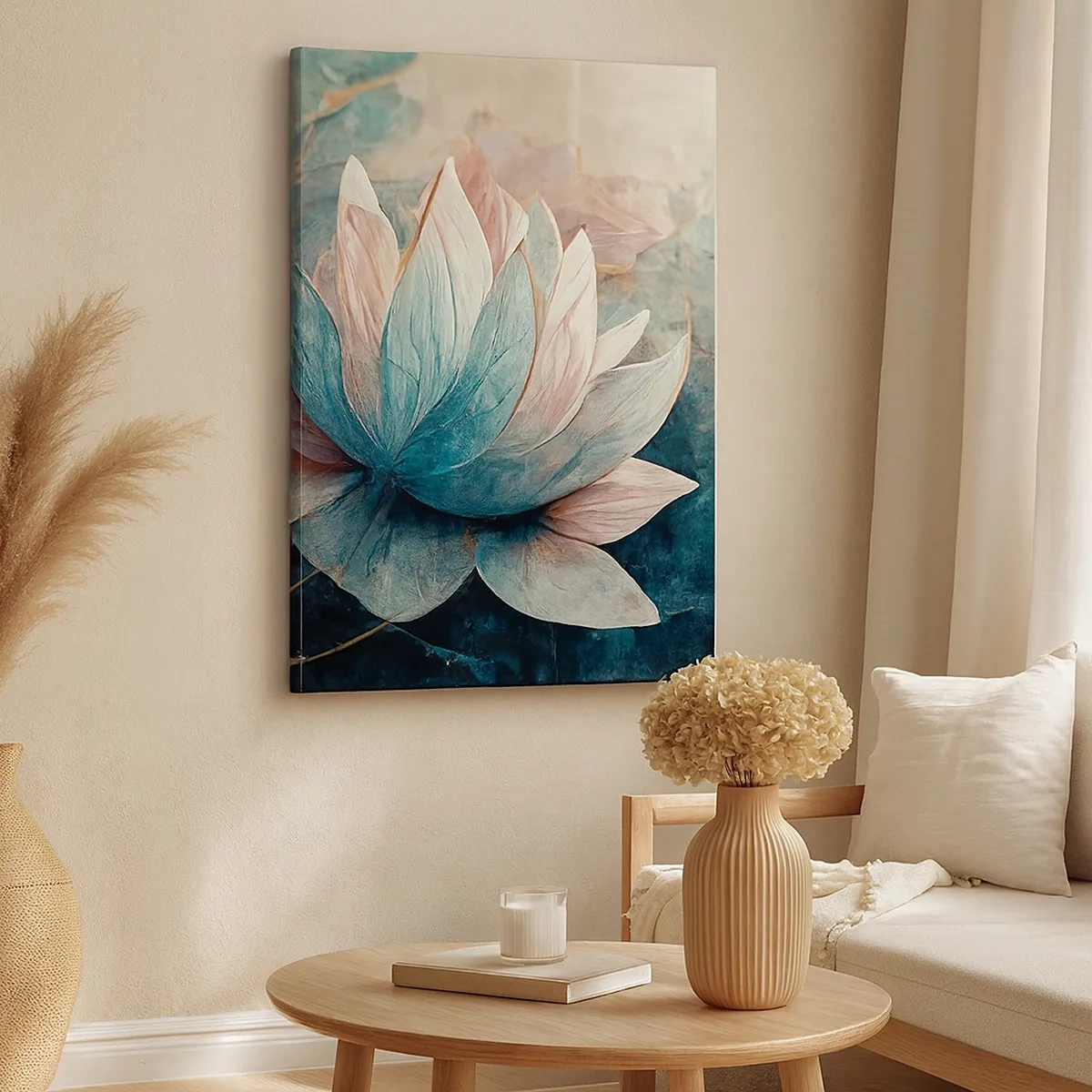 Bild auf Leinwand - Leinwandbild - Dezente Seerosen in Pastelltönen von Blau und Gold - 50x70cm - Seesterne - Moderne Wanddekoration für Wohnzimmer und Schlafzimmer ARTTOR