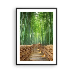 Poster in einem schwarzem Rahmen - Weg durch den Bambuswald mit Beleuchtung - 50x70cm - Die Essenz der asiatischen Natur - Moderne Wanddekoration für Wohnzimmer und Schlafzimmer ARTTOR