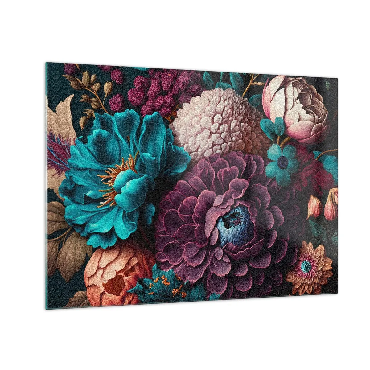 Glasbild - Bild auf glas - Eine reiche Komposition aus Blumen in intensiven Farben - 70x50cm - Natur in Hülle und Fülle - Moderne Wanddekoration für Wohnzimmer und Schlafzimmer ARTTOR