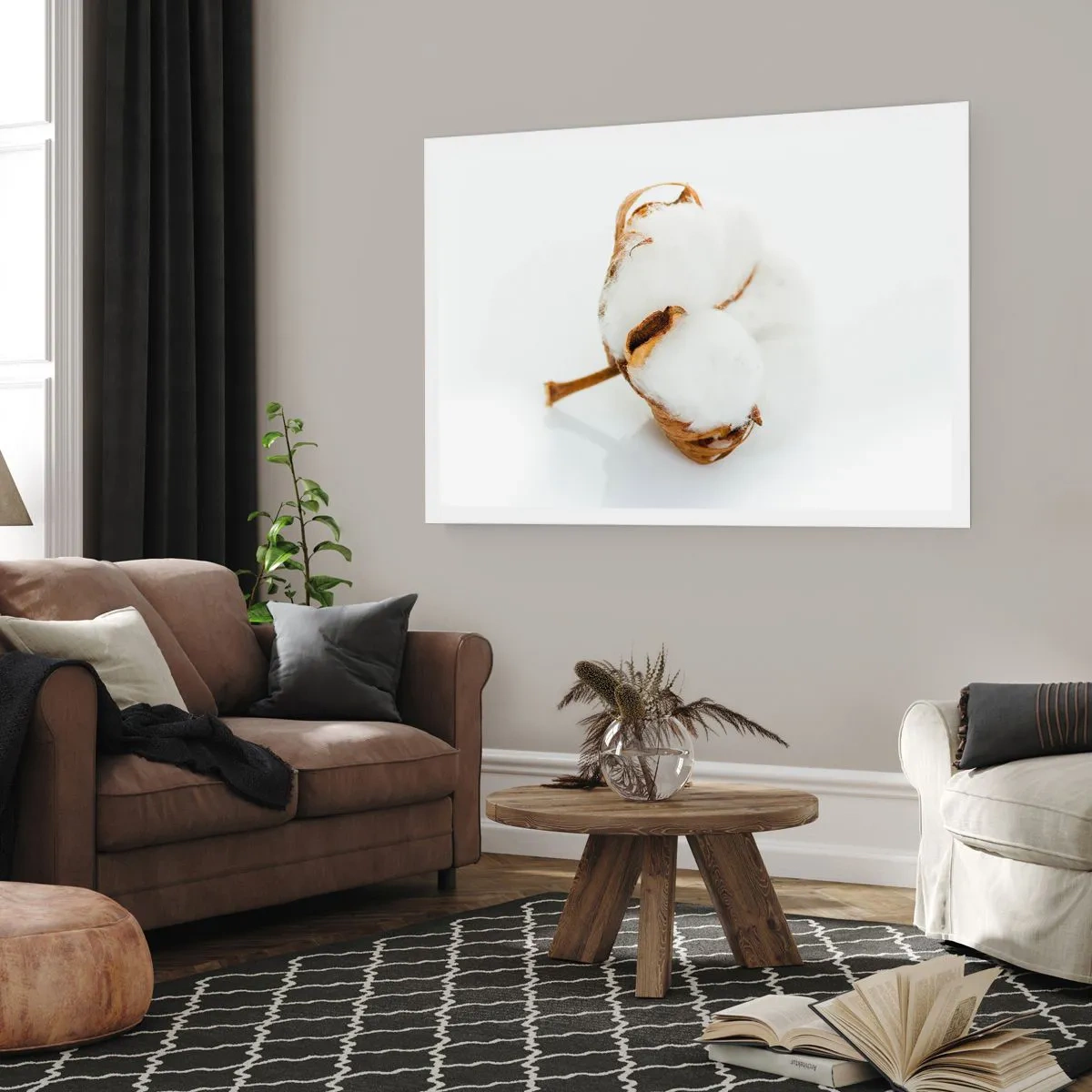 Poster - Ein Baumwollzweig auf hellem Hintergrund in minimalistischem Ansatz - 100x70cm - Von Natur aus weich - Moderne Wanddekoration für Wohnzimmer und Schlafzimmer ARTTOR