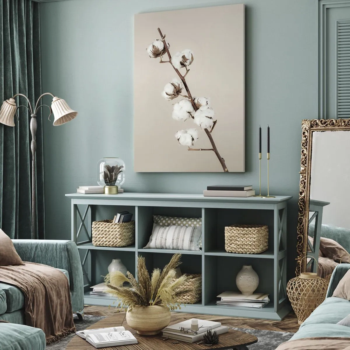 Bild auf Leinwand - Leinwandbild - Ein Zweig Baumwolle auf beigem Hintergrund - 80x120cm - An der Quelle der Weichheit - Moderne Wanddekoration für Wohnzimmer und Schlafzimmer ARTTOR