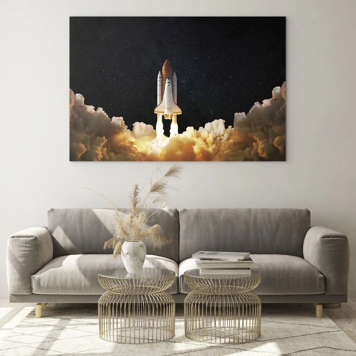 Glasbild - Bild auf glas - Ein Space Shuttle hebt vor einem Sternenhimmel ab - 100x70cm - Ad Astra! - Moderne Wanddekoration für Wohnzimmer und Schlafzimmer ARTTOR