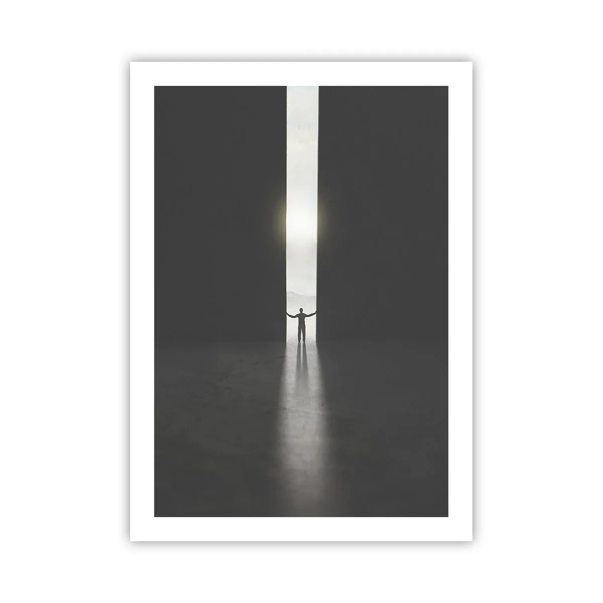 Poster - Ein Mann steht im Licht eines Risses in einer dunklen Umgebung - 50x70cm - Ein Schritt in eine strahlende Zukunft - Moderne Wanddekoration für Wohnzimmer und Schlafzimmer ARTTOR