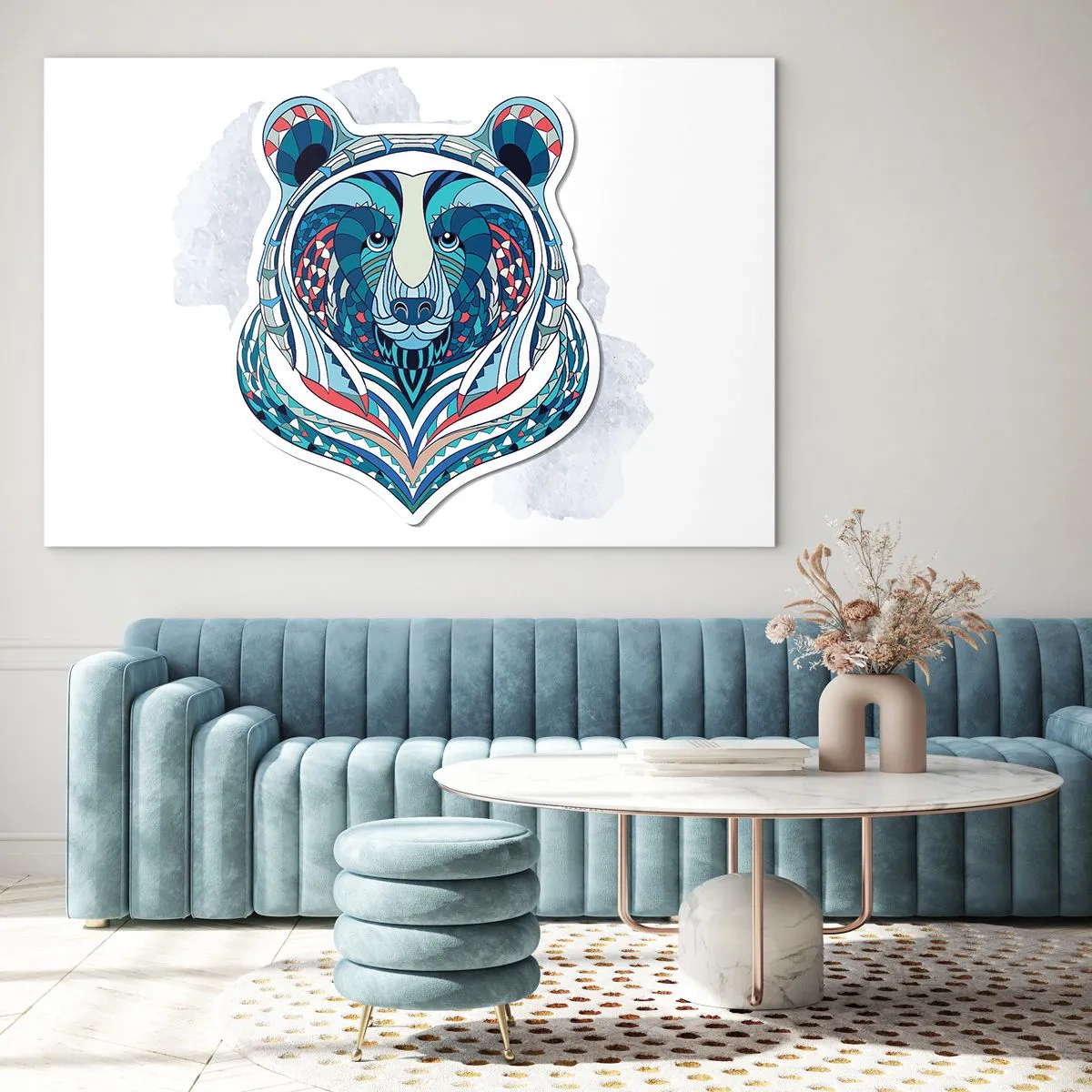 Glasbild - Bild auf glas - Ein farbenfrohes, geometrisches Porträt eines Teddybären - 70x50cm - Eviva Grönland! - Moderne Wanddekoration für Wohnzimmer und Schlafzimmer ARTTOR