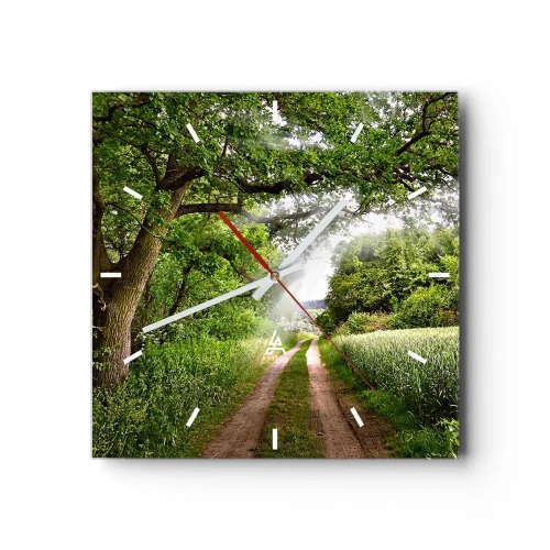 Wanduhr - Glasuhr - Eine unbefestigte Straße zwischen grünen Bäumen und Sonnenlicht - 30x30cm - Et in Arcadia ego - Moderne Wanddekoration für Wohnzimmer und Schlafzimmer ARTTOR