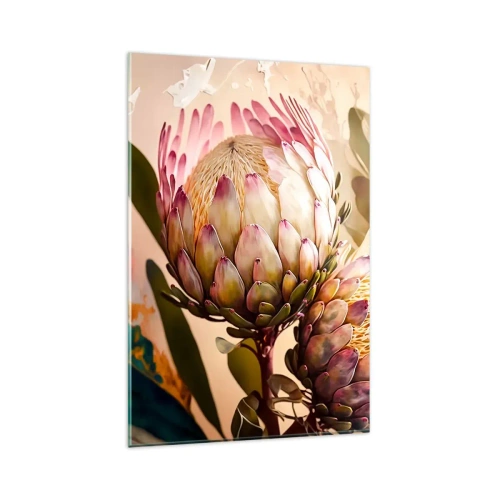 Glasbild - Bild auf glas - Bunte Protea-Blüten auf zartem Hintergrund - 80x120cm - Zärtlich umarmt - Moderne Wanddekoration für Wohnzimmer und Schlafzimmer ARTTOR