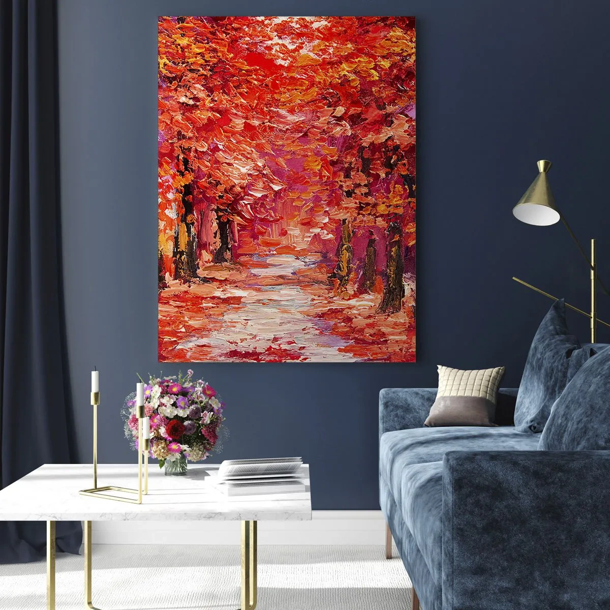 Glasbild - Bild auf glas - Eine malerische Gasse in herbstlichen Farben im impressionistischen Stil - 70x100cm - Herbstlicher Eindruck - Moderne Wanddekoration für Wohnzimmer und Schlafzimmer ARTTOR