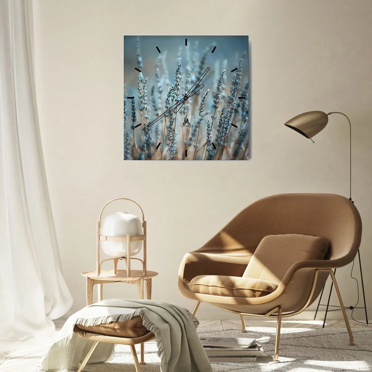 Wanduhr - Glasuhr - Lavendel im Feld in dezenten Pastelltönen - 30x30cm - Duftendes Kornfeld - Moderne Wanddekoration für Wohnzimmer und Schlafzimmer ARTTOR
