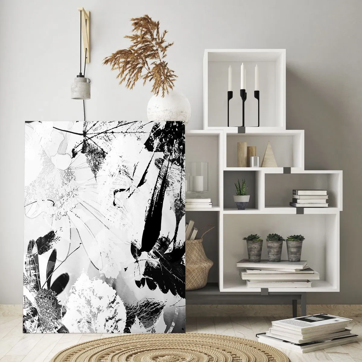 Glasbild - Bild auf glas - Schwarz-weißes Blumenarrangement im künstlerischen Stil - 50x70cm - Herbst negativ - Moderne Wanddekoration für Wohnzimmer und Schlafzimmer ARTTOR