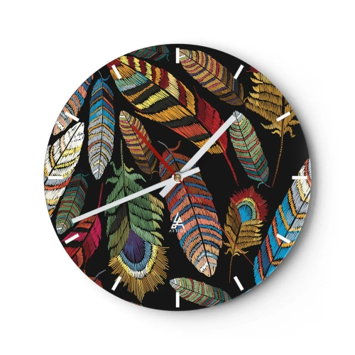 Wanduhr - Glasuhr - Bunte Federn auf schwarzem Hintergrund im Ethno-Stil - 30x30cm - Der Vogelkarneval - Moderne Wanddekoration für Wohnzimmer, Küche und Schlafzimmer ARTTOR
