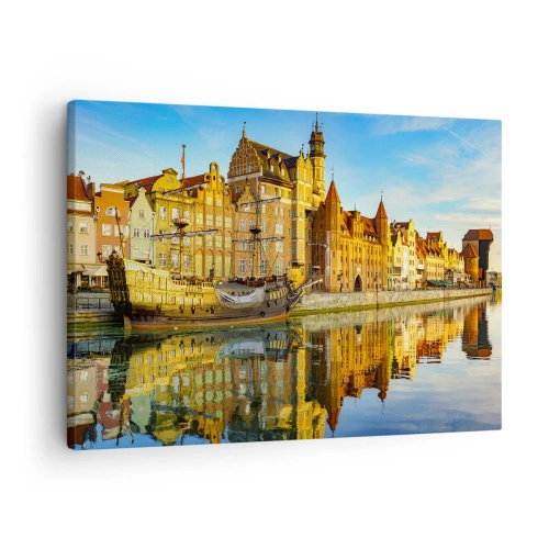 Bild auf Leinwand - Leinwandbild - Ein malerischer Blick auf die Altstadt mit einem Segelschiff und Wasser - 70x50cm - Ein Spiegelbild der Vergangenheit - Moderne Wanddekoration für Wohnzimmer und Schlafzimmer ARTTOR
