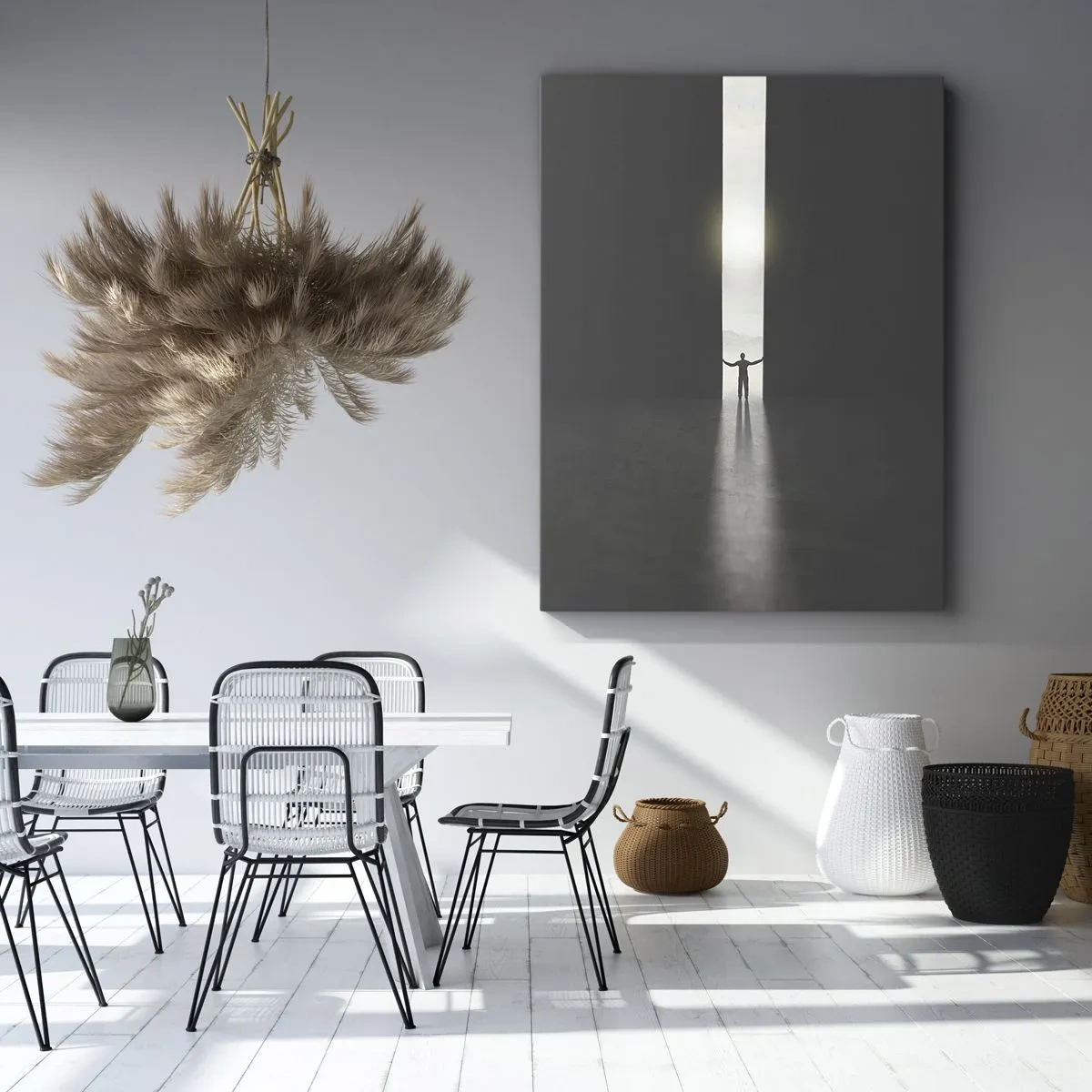 Bild auf Leinwand - Leinwandbild - Ein Mann steht im Licht eines schmalen Schlitzes in einem dunklen Raum - 70x100cm - Ein Schritt in eine strahlende Zukunft - Moderne Wanddekoration für Wohnzimmer und Schlafzimmer ARTTOR