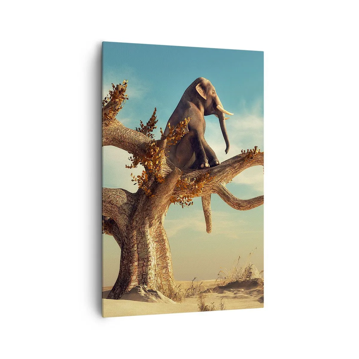 Bild auf Leinwand - Leinwandbild - Ein Elefant sitzt auf einem Baum in einer surrealen Landschaft - 80x120cm - Ein neuer Standpunkt - Moderne Wanddekoration für Wohnzimmer und Schlafzimmer ARTTOR