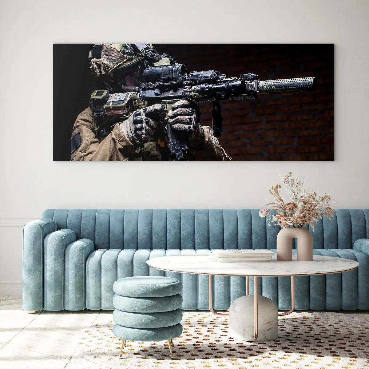 Glasbild - Bild auf glas - Ein Soldat in voller Montur mit einem Gewehr - 120x50cm - Tödlich wirksam - Moderne Wanddekoration für Wohnzimmer und Schlafzimmer ARTTOR