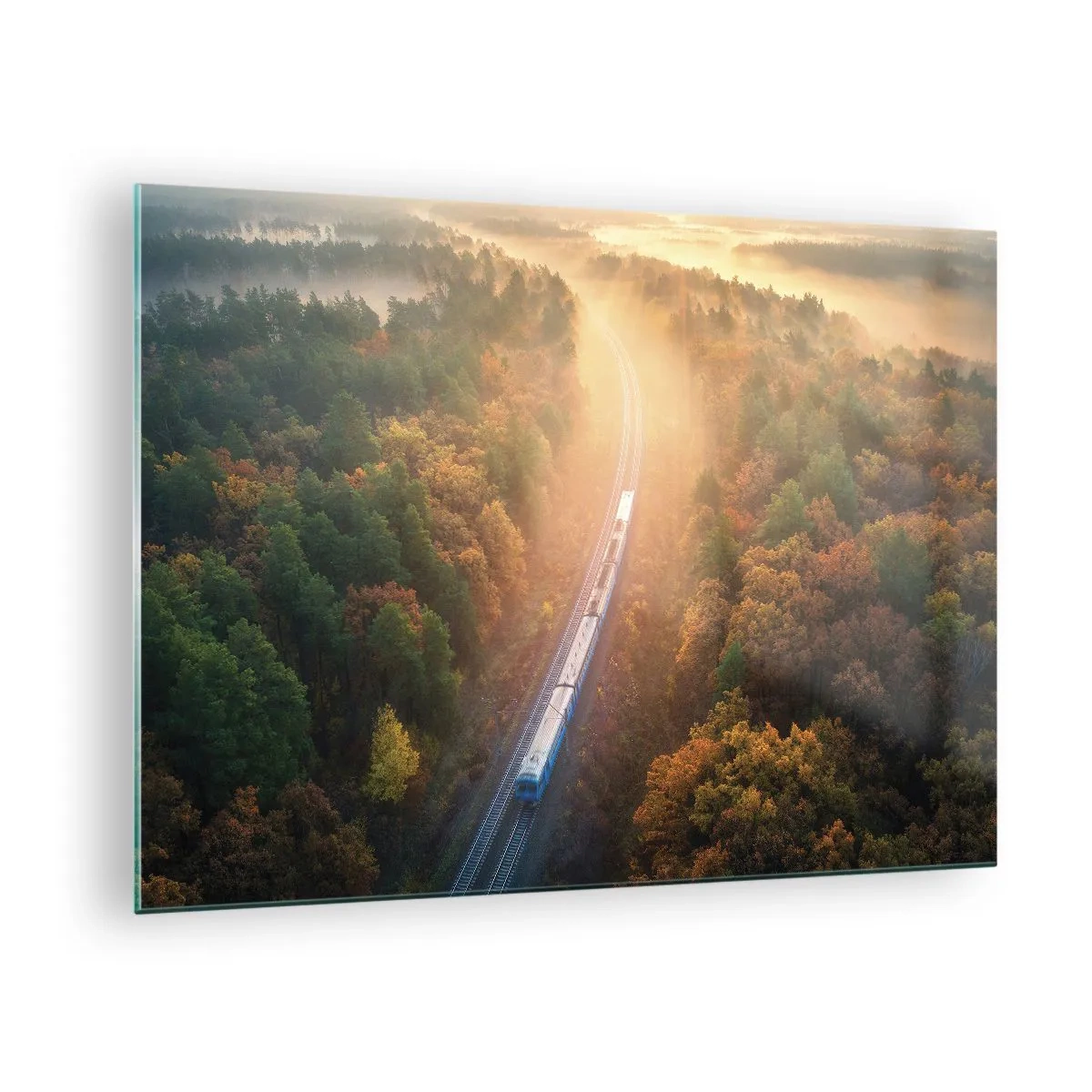 Glasbild - Bild auf glas - Ein Zug in einer malerischen Herbstlandschaft, voller Wärme und Nostalgie - 70x50cm - Herbstreise - Moderne Wanddekoration für Wohnzimmer und Schlafzimmer ARTTOR