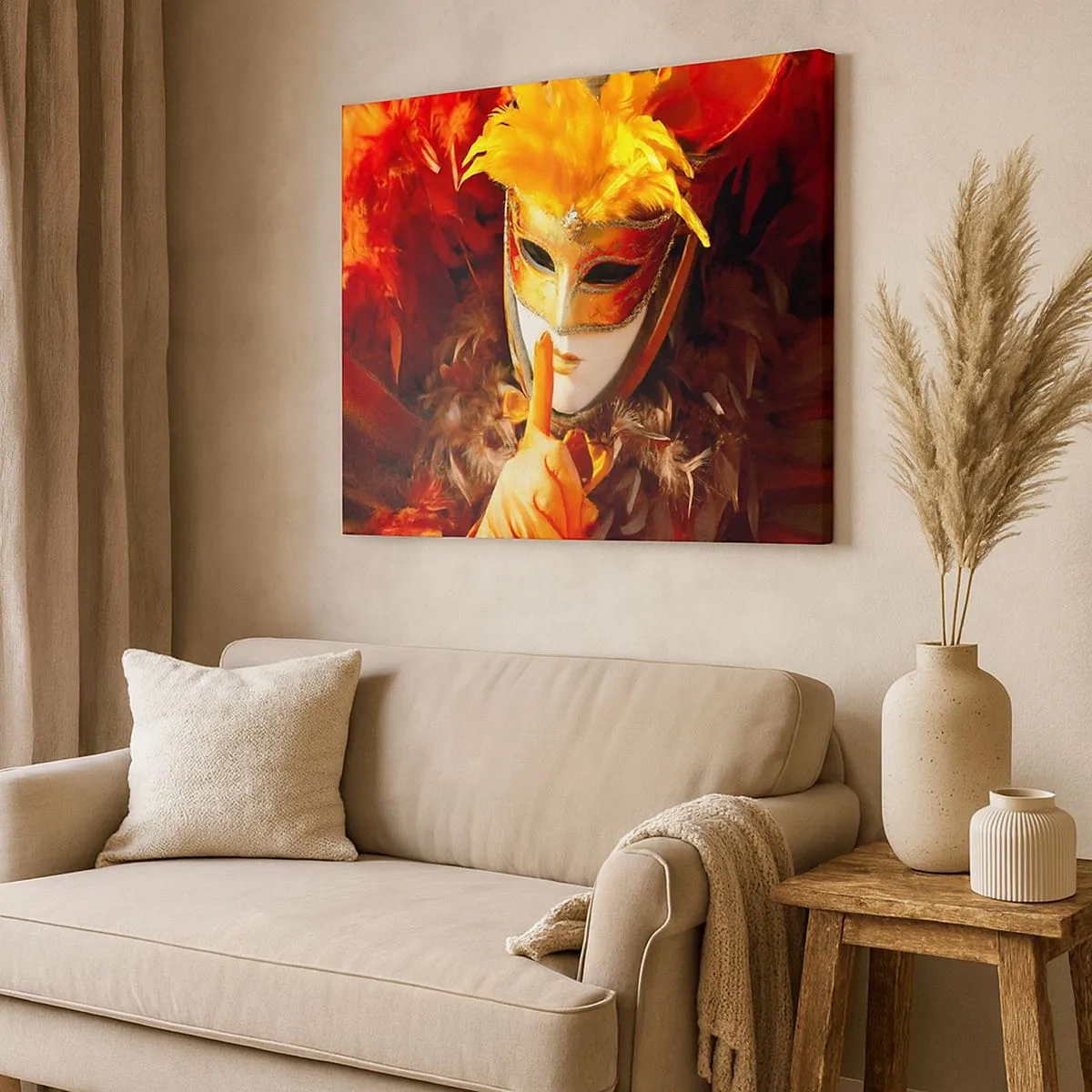 Bild auf Leinwand - Leinwandbild - Karnevalsmaske in Gold- und Orangetönen - 70x50cm - Geheimnis ist Teil des Spiels - Moderne Wanddekoration für Wohnzimmer und Schlafzimmer ARTTOR
