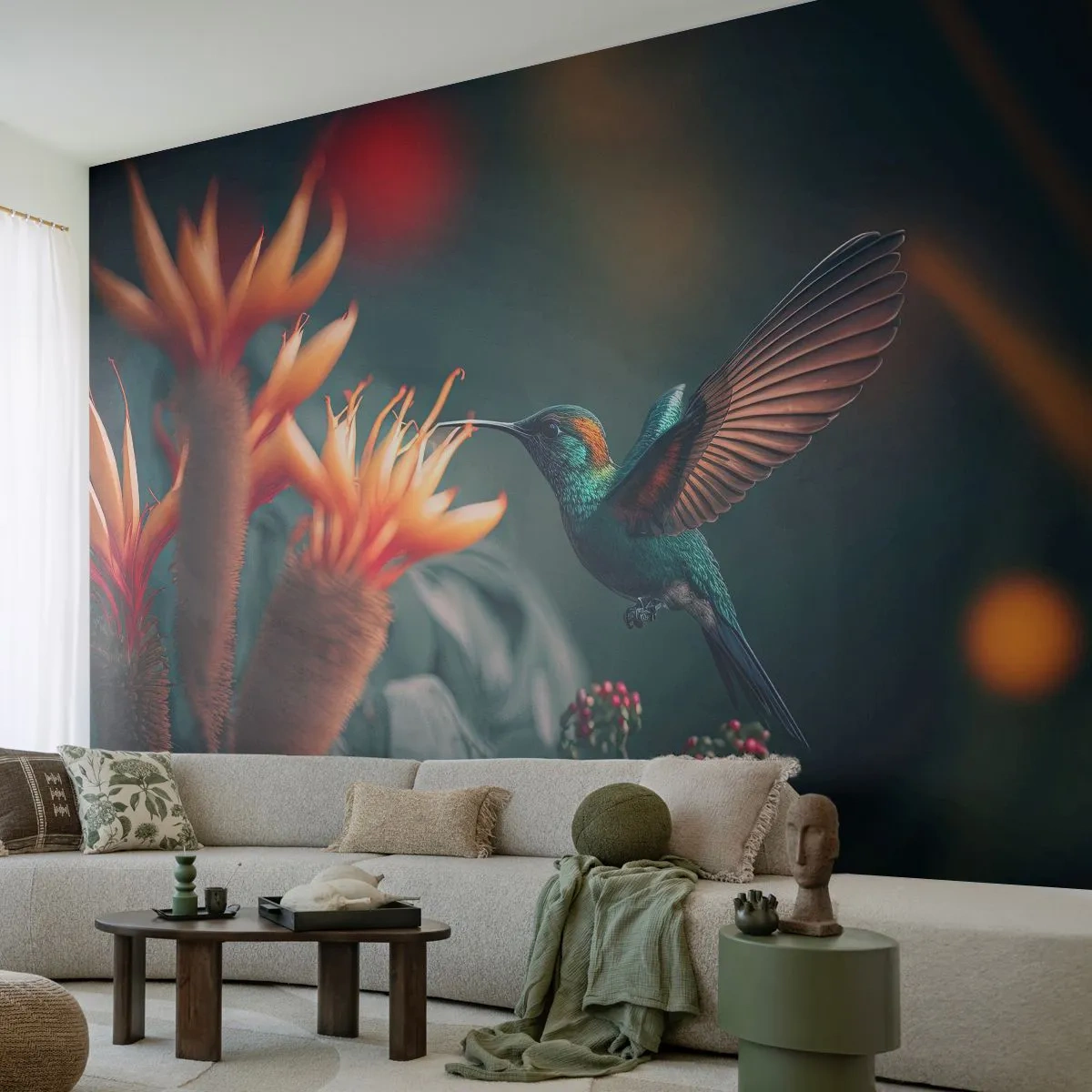 Fototapete Premium Sand - Ein Kolibri schwebt über einer exotischen Blume. - 100x70cm - Wirklich buntes Leben - Moderne Wanddekoration für Wohnzimmer und Schlafzimmer ARTTOR