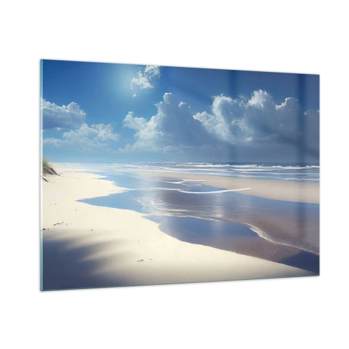 Glasbild - Bild auf glas - Ein breiter Sandstrand und ruhige Wellen unter blauem Himmel - 100x70cm - Paradiesischer Urlaub - Moderne Wanddekoration für Wohnzimmer und Schlafzimmer ARTTOR