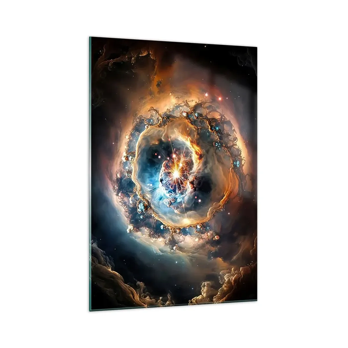 Glasbild - Bild auf glas - Eine abstrakte Vision einer kosmischen Explosion in Gold- und Blautönen. - 70x100cm - Anfang - Moderne Wanddekoration für Wohnzimmer und Schlafzimmer ARTTOR