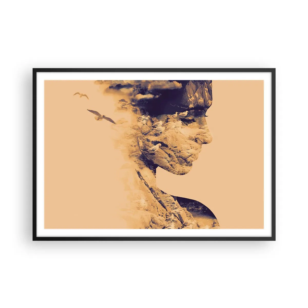 Poster in einem schwarzem Rahmen - Profil einer Frau mit der Natur im Hintergrund in warmen Tönen - 100x70cm - Von Natur aus schön - Moderne Wanddekoration für Wohnzimmer und Schlafzimmer ARTTOR