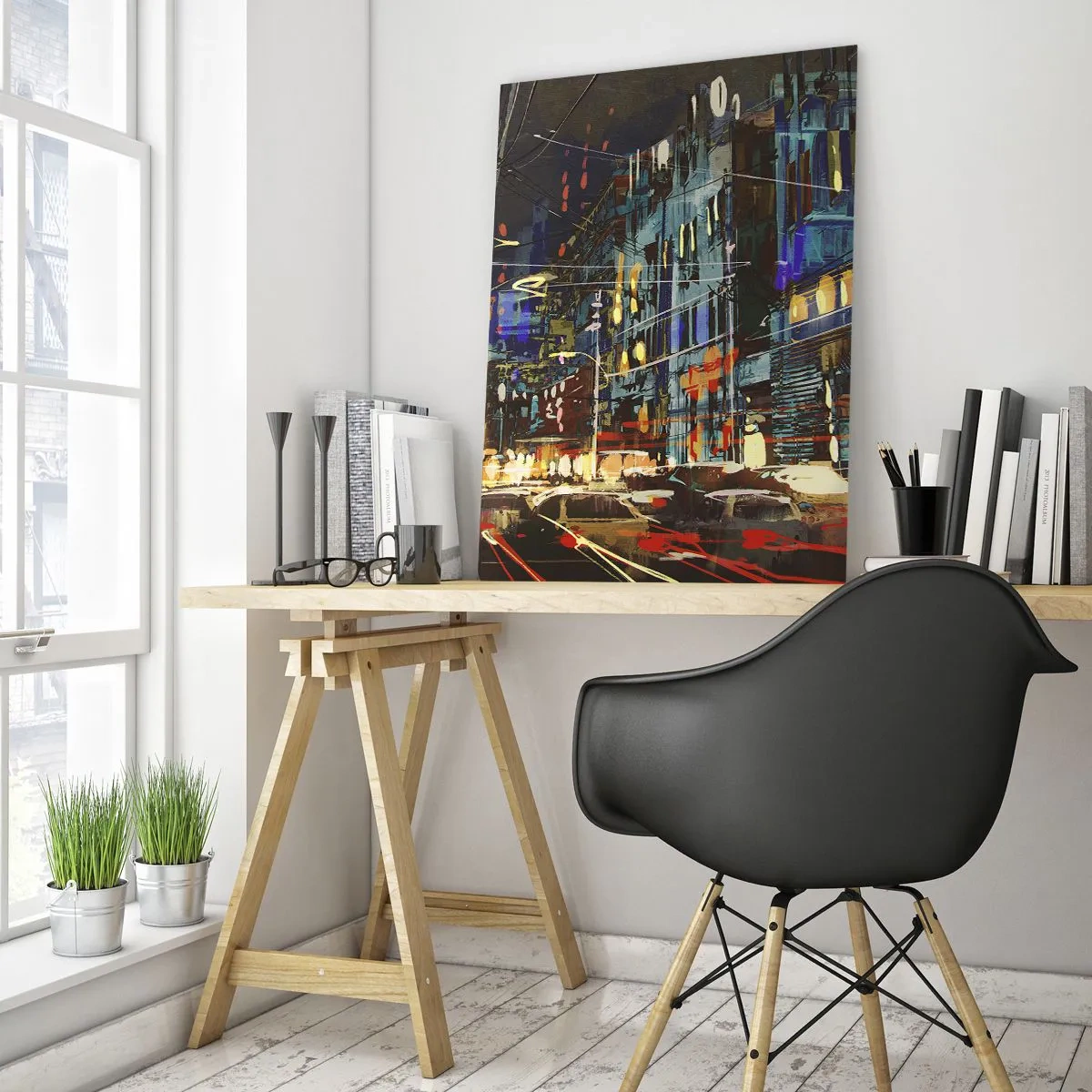 Glasbild - Bild auf glas - Abendliche Stadtstraße mit Neonlichtern und Verkehr - 50x70cm - Abendlicher Straßentrubel - Moderne Wanddekoration für Wohnzimmer und Schlafzimmer ARTTOR