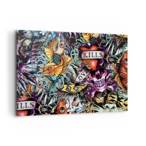 Bild auf Leinwand - Leinwandbild - Farbenfrohe Kunstwerke im Tattoo-Stil mit Totenköpfen und nautischen Motiven - 100x70cm - Der Traum des Tätowierers - Moderne Wanddekoration für Wohnzimmer und Schlafzimmer ARTTOR