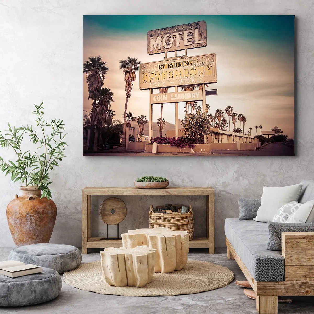 Bild auf Leinwand - Leinwandbild - Retro-Motelschild, umgeben von Palmen - 70x50cm - Hier ist die Zeit stehen geblieben - Moderne Wanddekoration für Wohnzimmer und Schlafzimmer ARTTOR