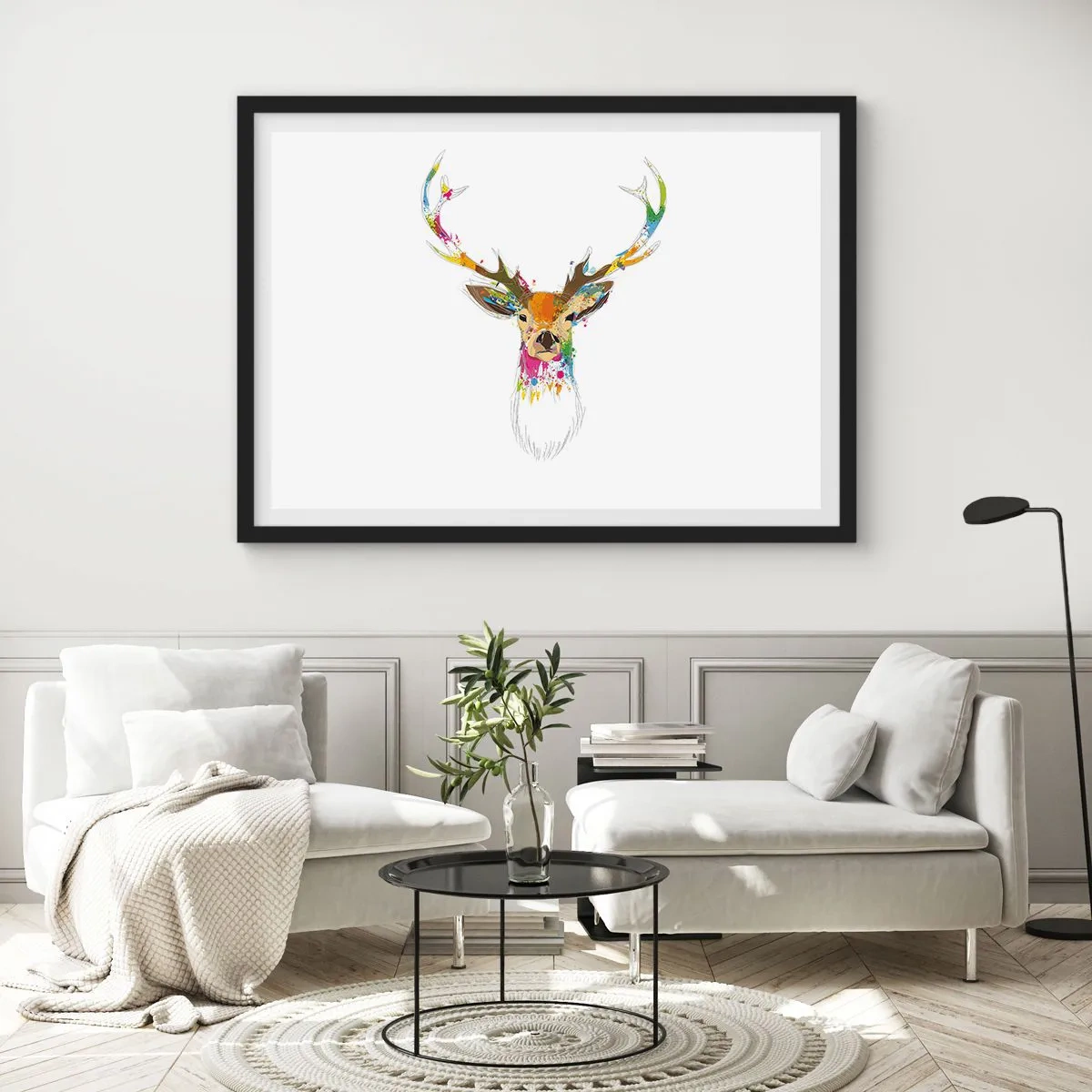 Poster in einem schwarzem Rahmen - Bunter Hirschkopf im künstlerischen Stil - 100x70cm - Ein mildes Reh in Farbe getaucht - Moderne Wanddekoration für Wohnzimmer und Schlafzimmer ARTTOR