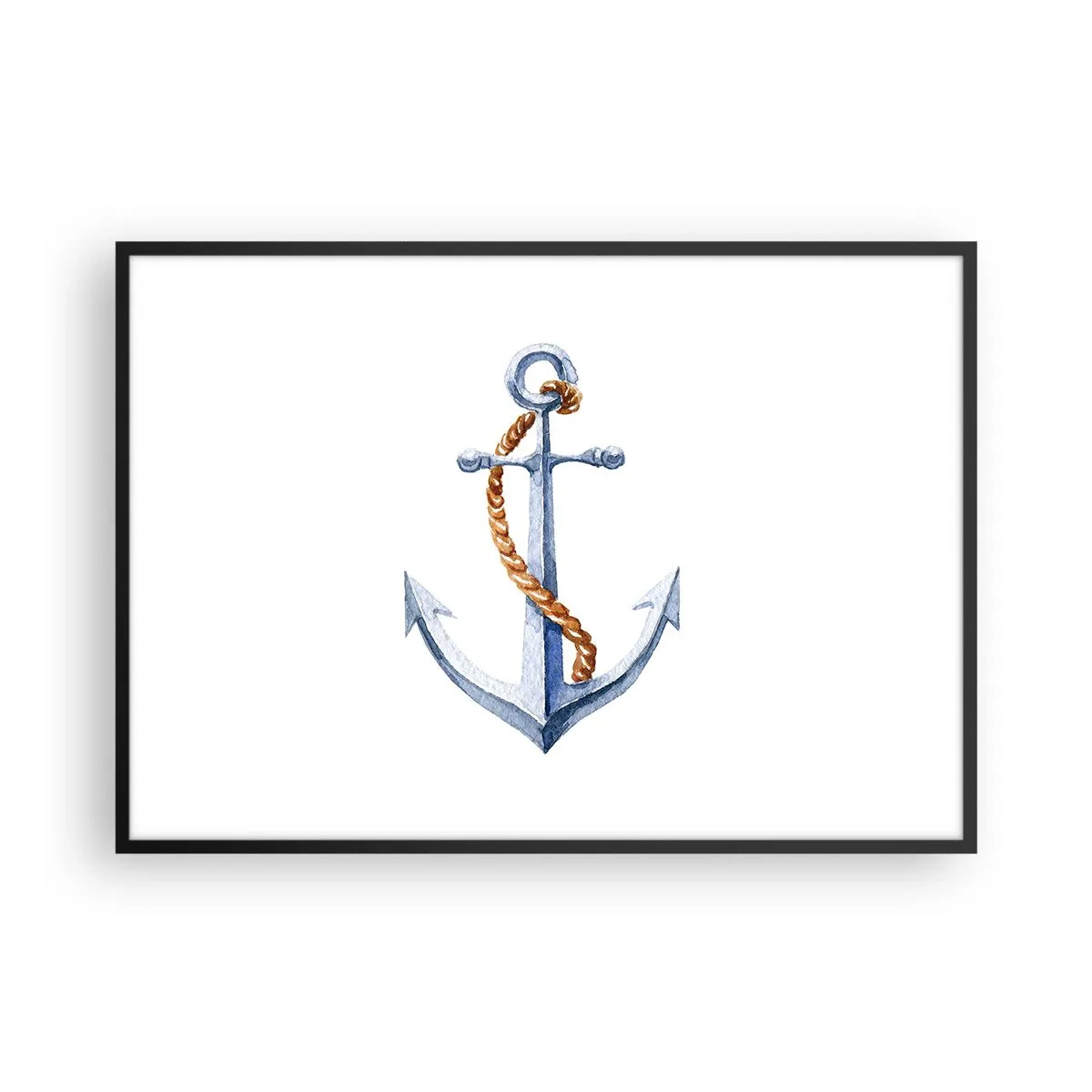 Poster in einem schwarzem Rahmen - Anker mit Seil im Aquarellstil - 100x70cm - Ahoi Abenteuer! - Moderne Wanddekoration für Wohnzimmer und Schlafzimmer ARTTOR