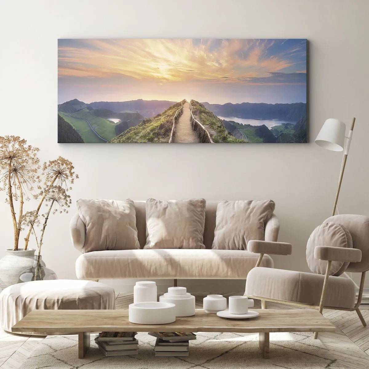 Bild auf Leinwand - Leinwandbild - Ein malerischer Weg auf einem Hügel mit Blick auf den Sonnenuntergang - 120x50cm - Nah am Himmel - Moderne Wanddekoration für Wohnzimmer und Schlafzimmer ARTTOR