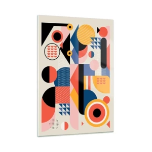 Glasbild - Bild auf glas - Bunte geometrische Abstraktion mit Kreisen und Dreiecken - 50x70cm - Komposition: Na, los, spiel! - Moderne Wanddekoration für Wohnzimmer und Schlafzimmer ARTTOR
