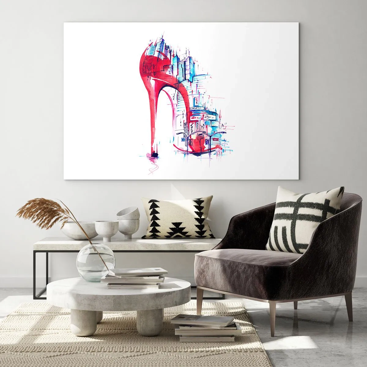 Glasbild - Bild auf glas - Roter Stiletto mit urbanem Architekturmotiv - 70x50cm - Ein Großstadt-Dandy - Moderne Wanddekoration für Wohnzimmer und Schlafzimmer ARTTOR