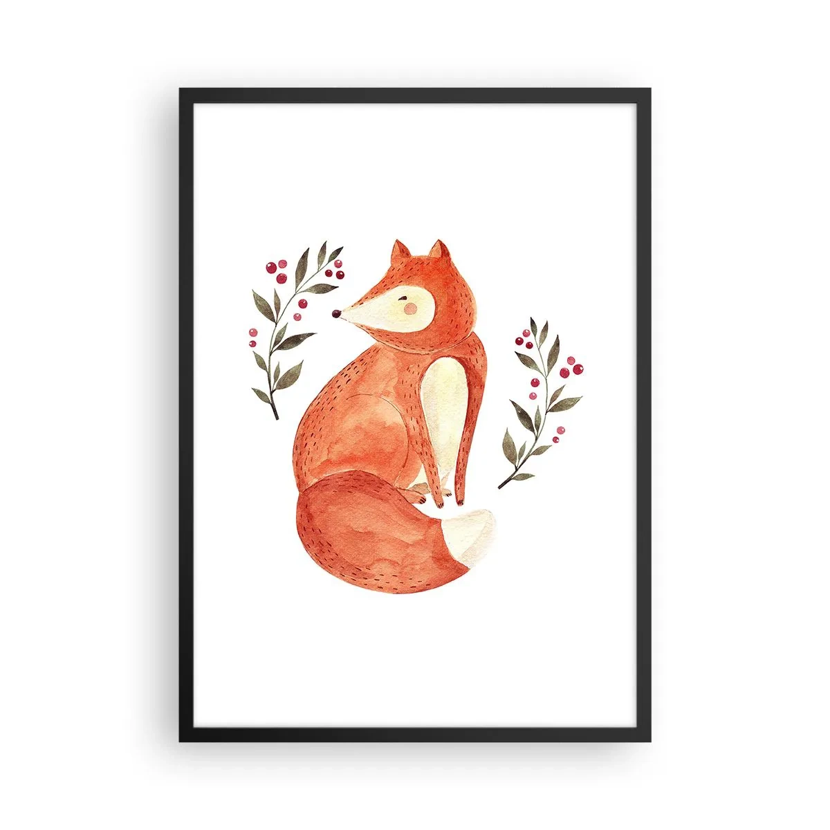 Poster in einem schwarzem Rahmen - Illustration eines Fuchses, umgeben von Zweigen mit roten Früchten - 50x70cm - Kleine Rothaarige - Moderne Wanddekoration für Wohnzimmer und Schlafzimmer ARTTOR