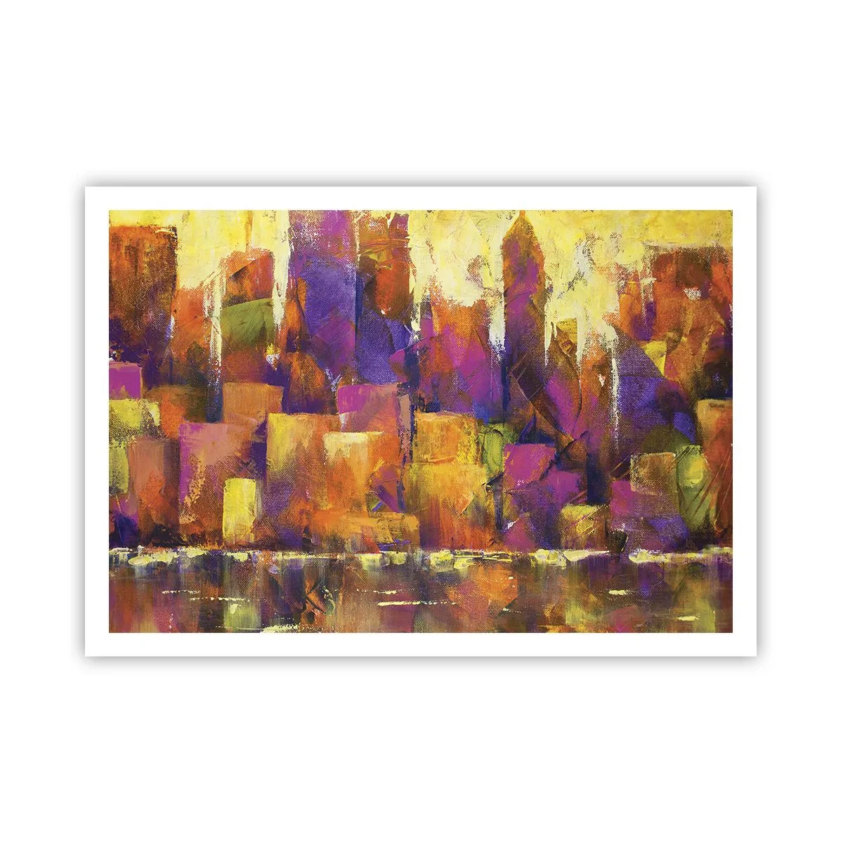 Poster - Abstrakte Komposition einer Metropole in Gelb- und Lilatönen - 100x70cm - Metropolitische Komposition - Moderne Wanddekoration für Wohnzimmer und Schlafzimmer ARTTOR